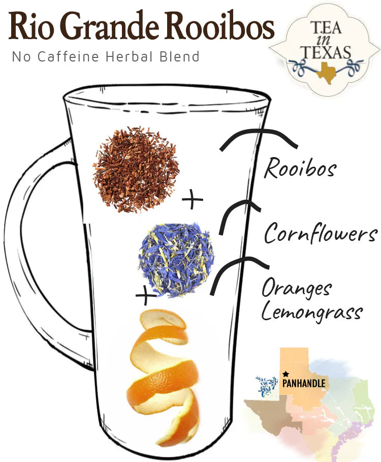 Herbal Infusions - Caffeine Free  Unwind by the windy river with a high-antioxidant citrus red tea infused with Texas lemongrass and oranges. Your allergies will thank you when sipping this natural remedy.  Ingredients: South African Rooibos, lemongrass, orange peels and natural flavors