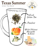 Green Teas - Fresh and New  Refreshing and downright rejuvenating blend of white hibiscus, roses and Texas peaches to get you through endless summers.  Ingredients: Green tea, white hibiscus, roses, marigold blossoms, and peach bits.