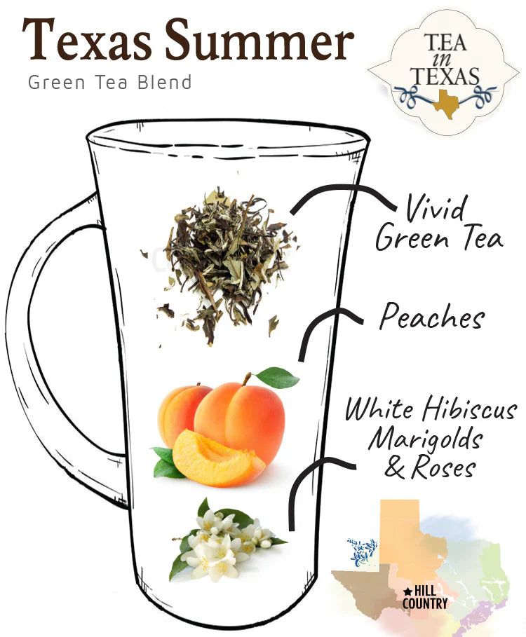 Green Teas - Fresh and New  Refreshing and downright rejuvenating blend of white hibiscus, roses and Texas peaches to get you through endless summers.  Ingredients: Green tea, white hibiscus, roses, marigold blossoms, and peach bits.