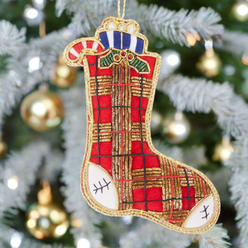 #19 Tinker Tailor Red Tartan Stocking Christmas Ornament