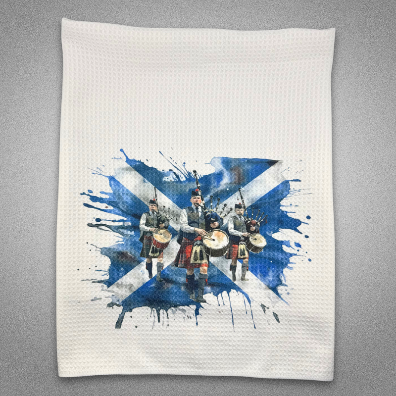 Tea Towel - Custom Made Scottish Flag with Pipers 15" x 27"