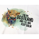 Tea Towel Handmade Design - Highland Cow with Message (I’m Fae Scotland) 15" x 27"