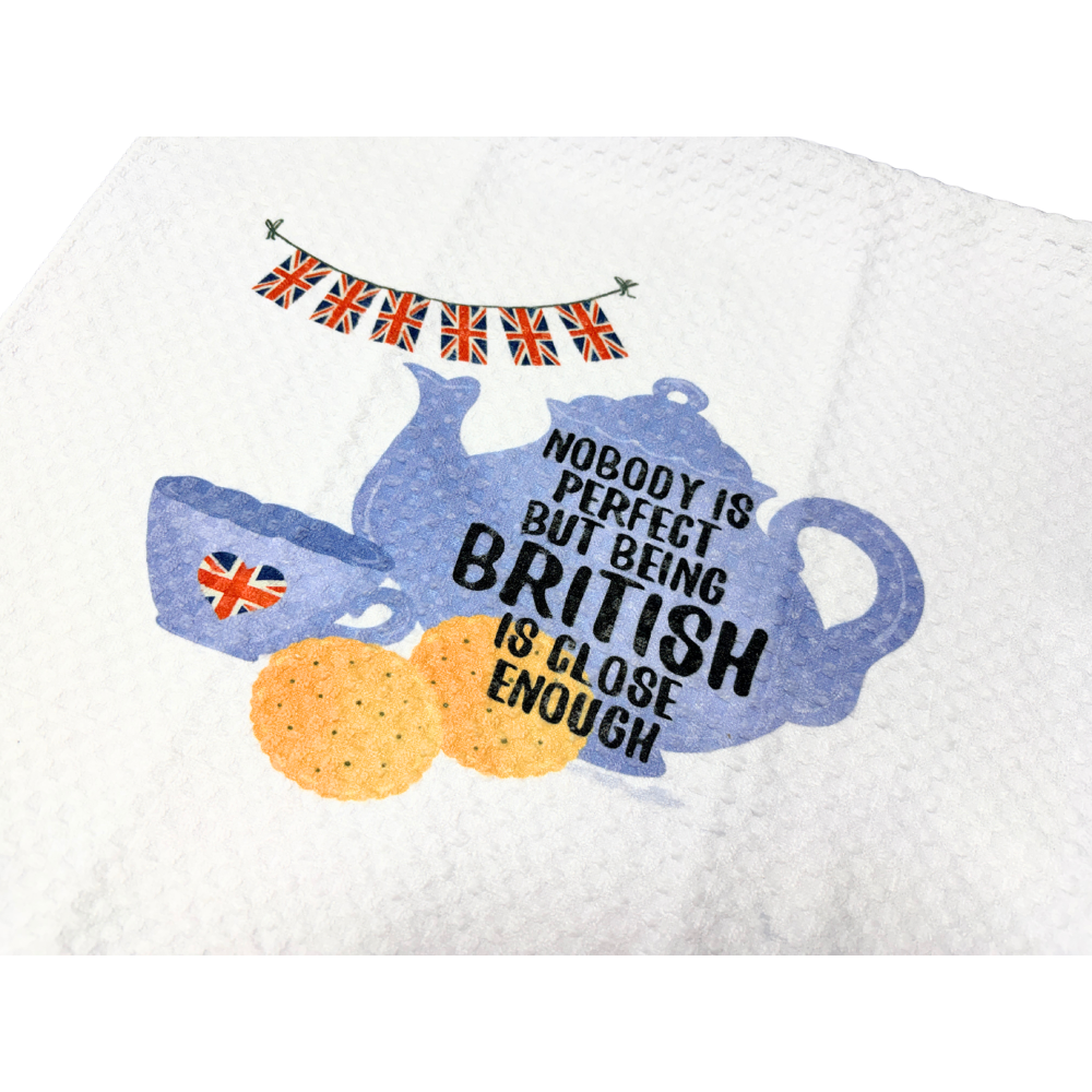 Tea Towel Handmade Design - Teapot, Cup, Biscuits with Nobody is Perfect 15x27