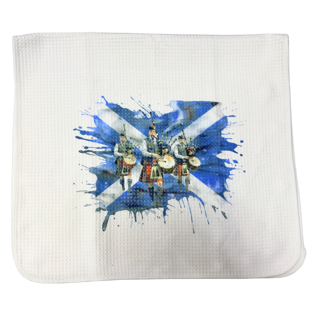 Tea Towel Handmade Design - Scottish Flag with Pipers 15" x 27"