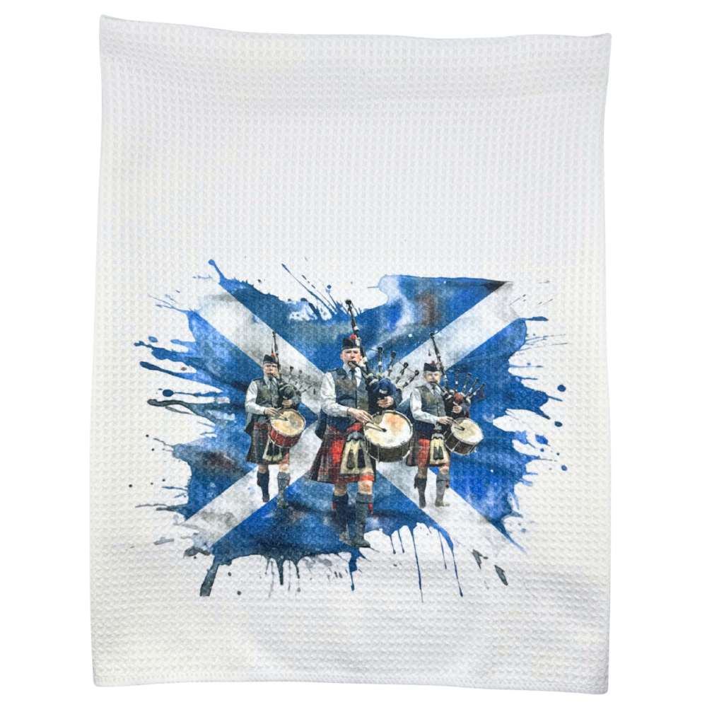 Tea Towel Handmade Design - Scottish Flag with Pipers 15" x 27"
