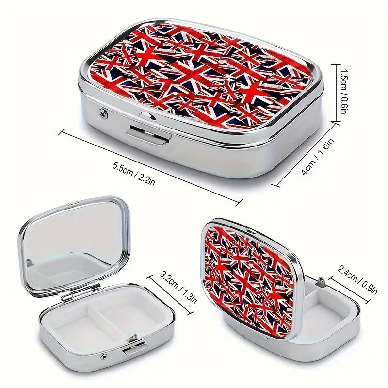 UK Union Jack Flag Square Pill Organizer Box, 1pc 2-Compartment (assorted designs)