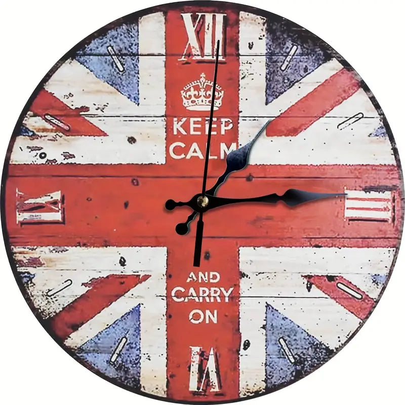 UK Union Jack Keep Calm and Carry On Wooden Wall Clock 12"