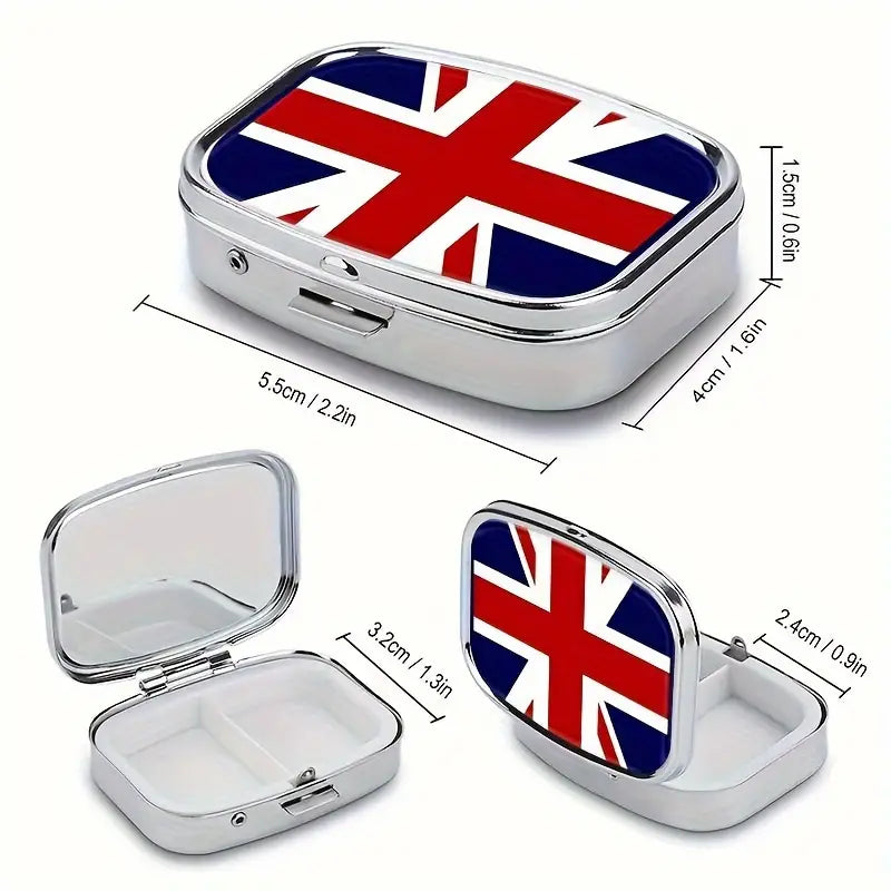 UK Union Jack Flag Square Pill Organizer Box, 1pc 2-Compartment (assorted designs)