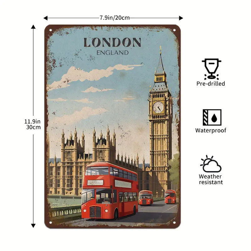 Metal Vintage sign UK London, England Big Ben, Bus Icons (8" x 12")