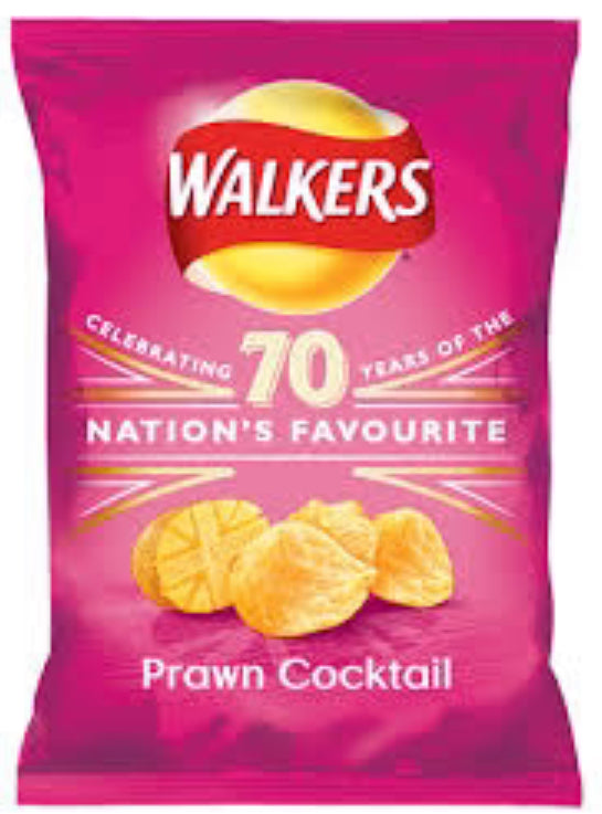 Walkers Prawn Cocktail Crisps. Made from real potatoes and flavored with delicious prawn cocktail seasoning, these chips are perfect for a quick snack or party appetizer. With only 170 calories per serving, they are a healthier alternative to other chips.