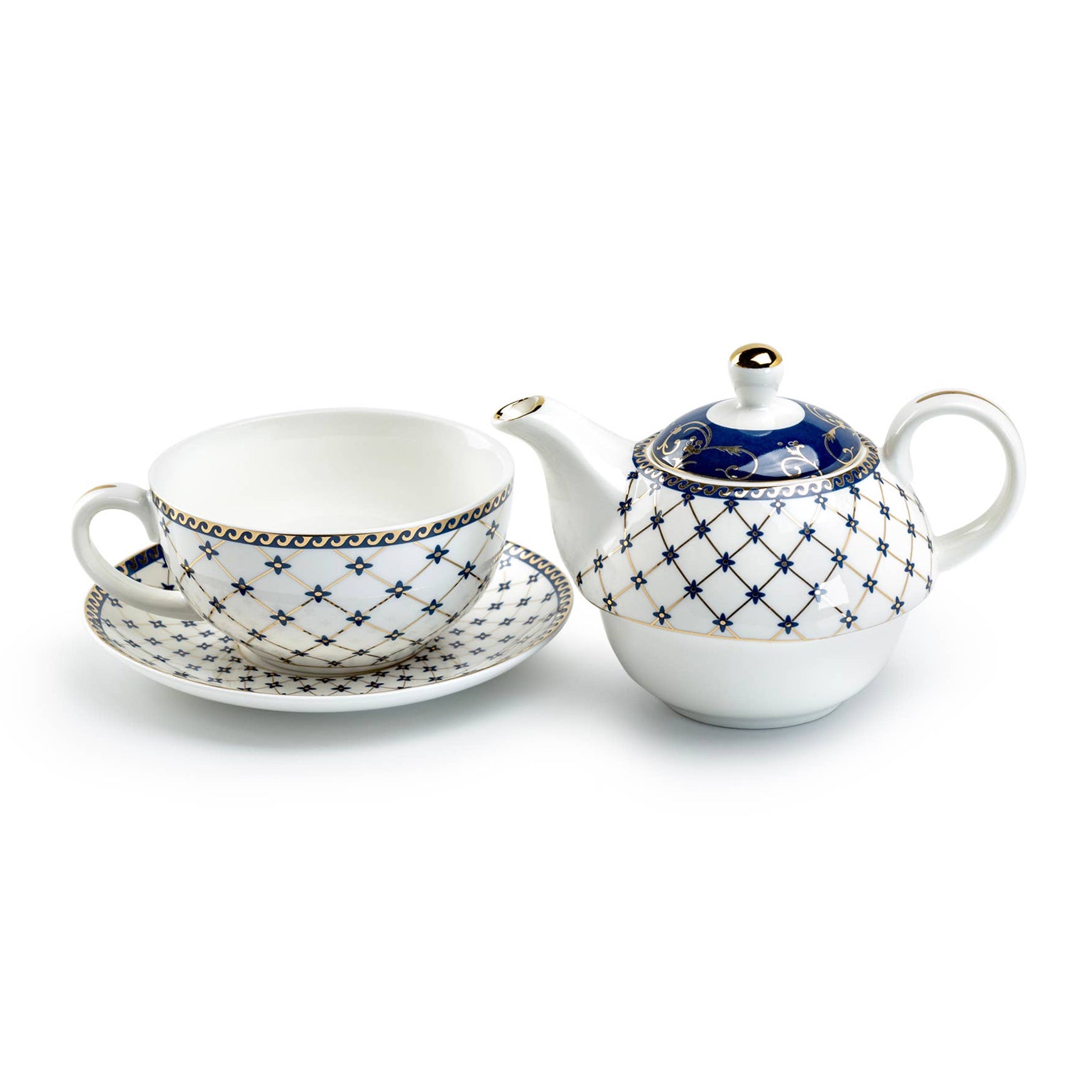 Tea For One Set - Trellis Blue Gold Fine Porcelain
