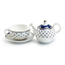 Tea For One Set - Trellis Blue Gold Fine Porcelain