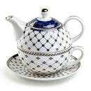 Tea For One Set - Trellis Blue Gold Fine Porcelain