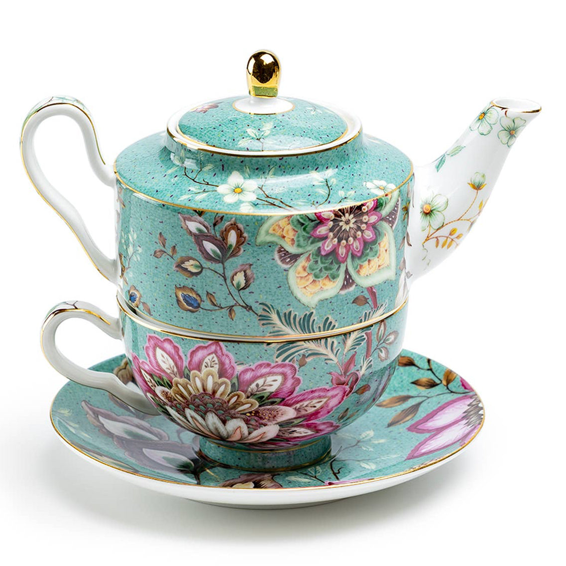 Tea For One Set - Peacock Lotus Garden Green Fine Porcelain