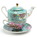 Tea For One Set - Peacock Lotus Garden Green Fine Porcelain