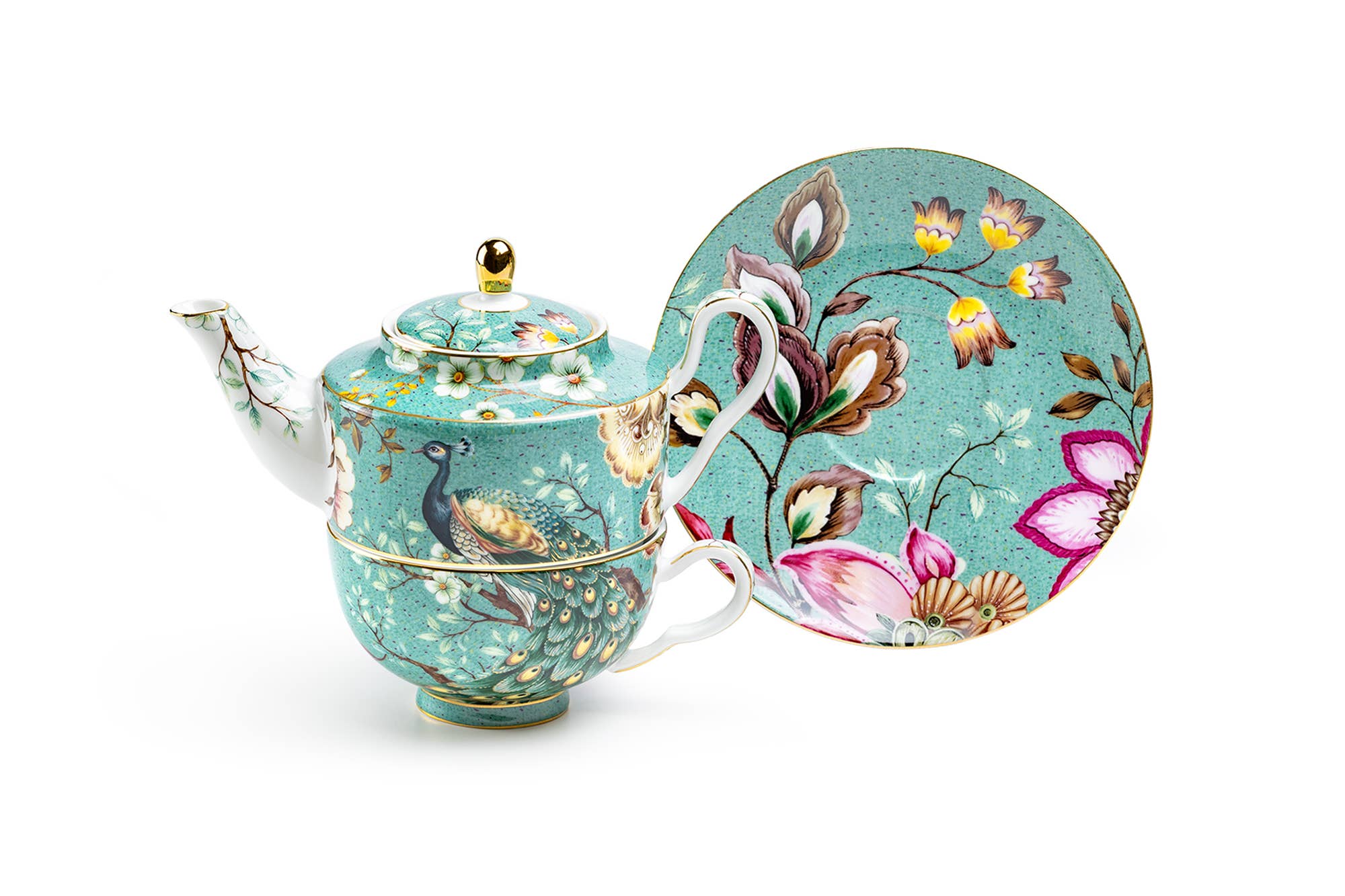 Tea For One Set - Peacock Lotus Garden Green Fine Porcelain