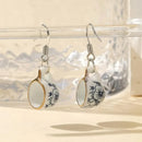 Earrings - Teacup Flower Blue & White Gold Colour Rim with Silver Alloy Hook, Size: 1.38"