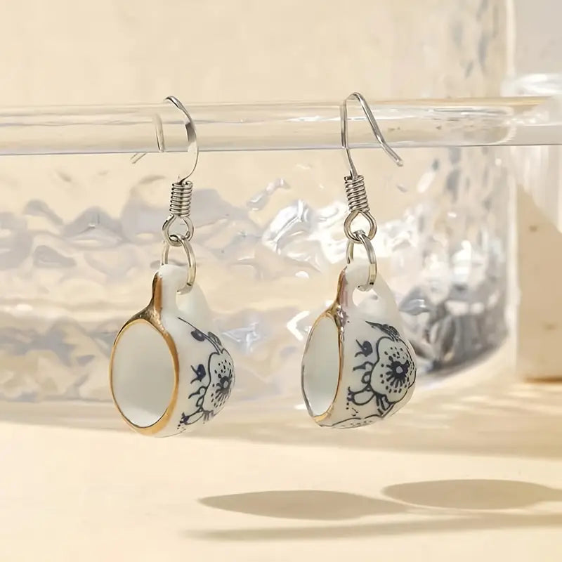 Earrings - Teacup Flower Blue & White Gold Colour Rim with Silver Alloy Hook, Size: 1.38"