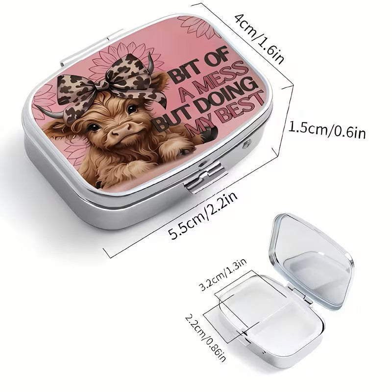 Pill Box - 2-Compartment - Highland Cow (Bit of A Mess But Doing My Best)