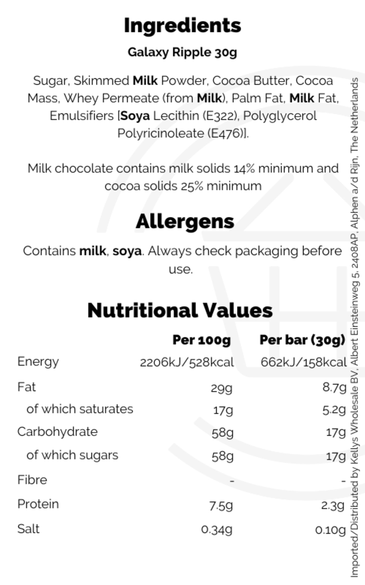 Galaxy Ripple 33g bar is a chocolate lover’s dream come true. Made with 30% real chocolate, and featuring a velvety-smooth milk and dark chocolate ripple effect throughout, these bars provide a luxurious and indulgent taste. Packed with essential vitamins and minerals, it provides a convenient way to meet your daily nutritional needs. They’re the perfect treat for special moments or daily snacks.