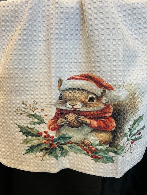 Tea Towel 15" x 27" - Custom Made, Squirrel with Santa Hat and Holly
