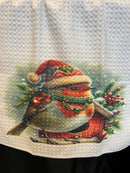Tea Towel  15" x 27" - Custom Made Robin with Santa Hat on Birdhouse