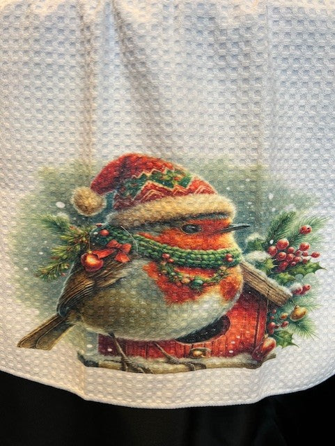 Tea Towel  15" x 27" - Custom Made Robin with Santa Hat on Birdhouse