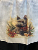 Tea Towel 15" x 27" - Custom Made Christmas Scottie Dog with Tartan scarf