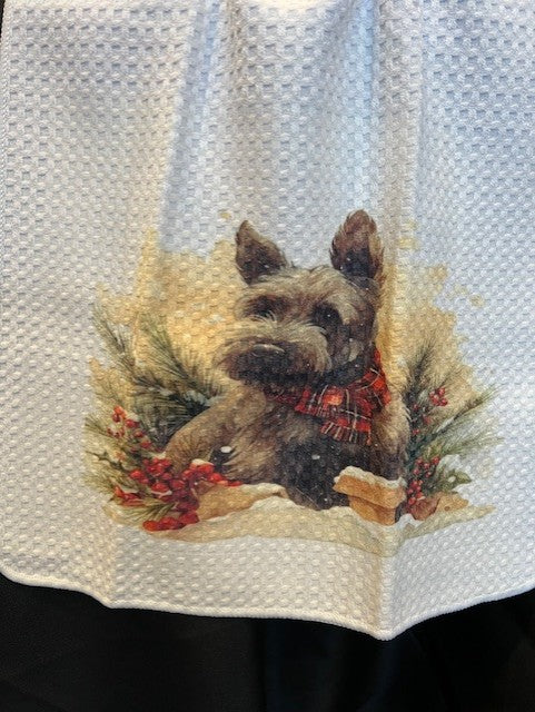 Tea Towel 15" x 27" - Custom Made Christmas Scottie Dog with Tartan scarf