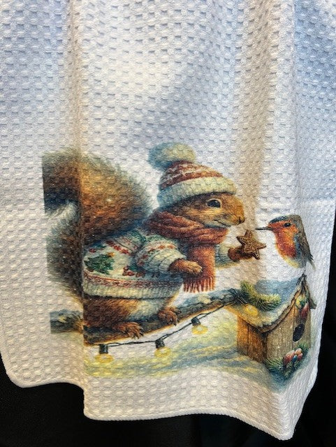 Tea Towel 15" x 27" - Custom Made Christmas Squirrel and Robin