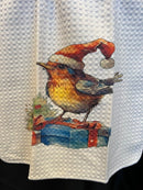 Tea Towel 15" x 27" - Custom Made Robin with Santa Hat on a Blue Present