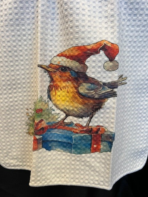 Tea Towel 15" x 27" - Custom Made Robin with Santa Hat on a Blue Present