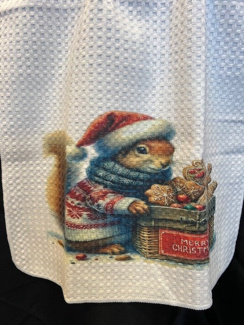 Tea Towel 15" x 27" - Custom Made Squirrel with Santa Hat and Sweater