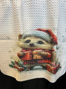 Tea Towel 15" x 27" - Custom Made Hedgehog with Santa Hat and Parcels
