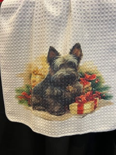 Tea Towel 15" x 27" - Custom Made Christmas Scottie Dog with Wrapped Gifts