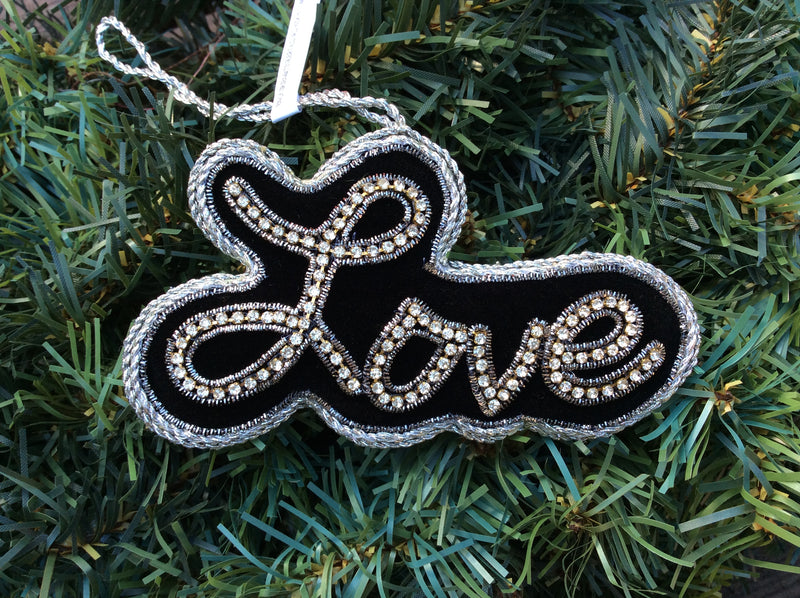 #42 Tinker Tailor Black Velvet with Silver Crystal "Love" Christmas Ornament