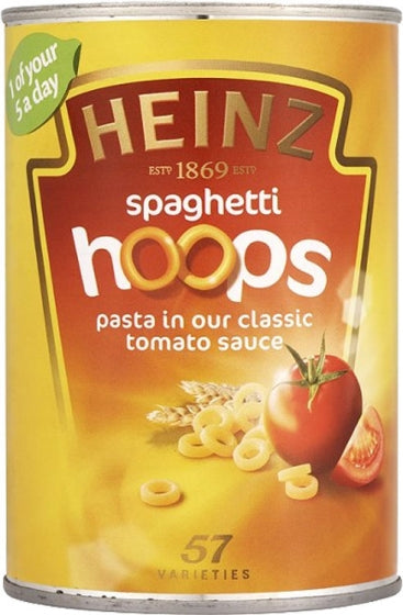 Since 1926, Heinz Spaghetti hoops has been enjoyed, more often than not on toast, by generations of Britons. There really is no substitute for that classic Heinz taste. Made from high-quality ingredients, these hoops are a good source of carbohydrates and a tasty addition to any meal. Enjoy the classic tomato sauce taste and keep yourself feeling satisfied and energized.