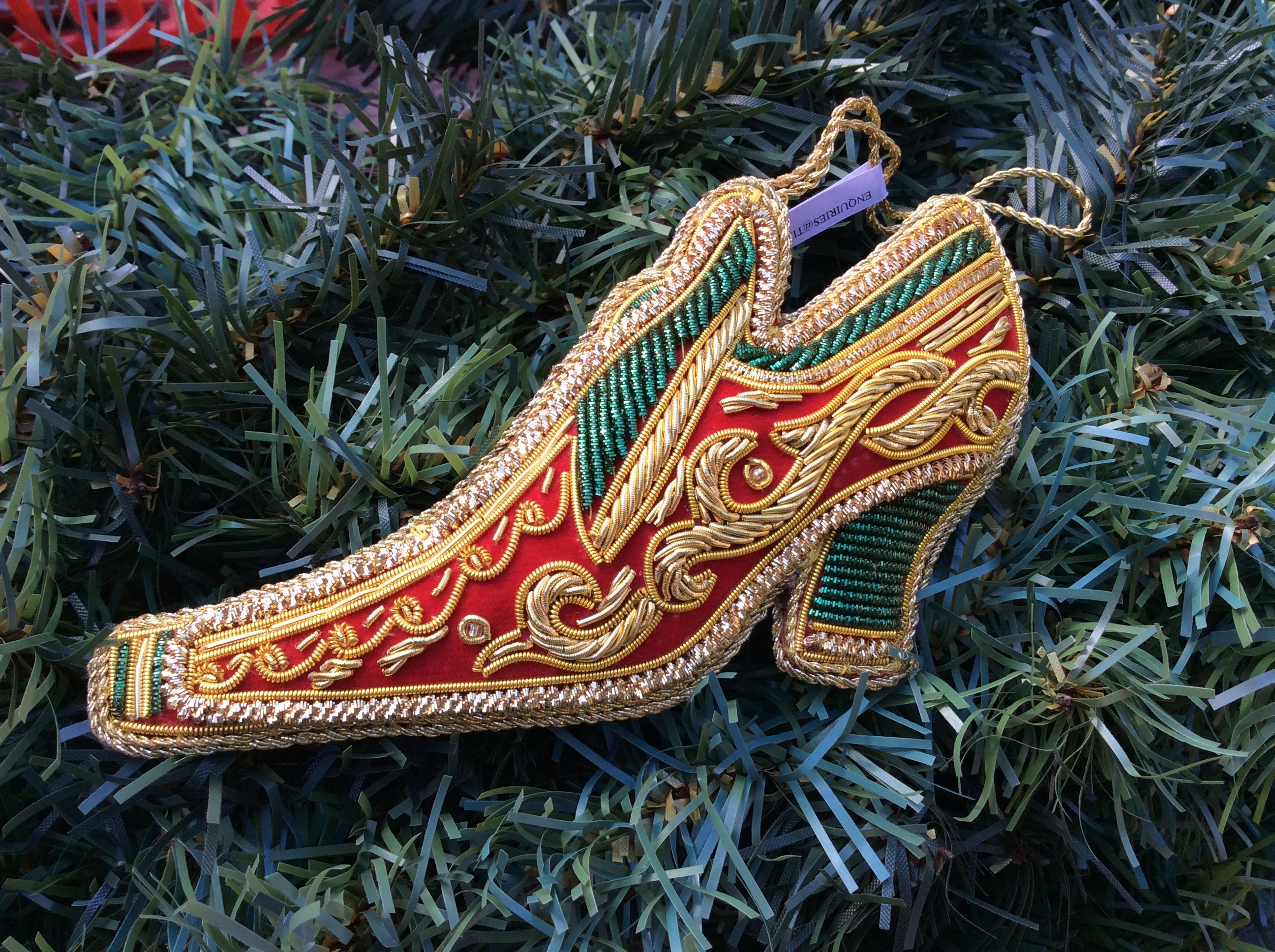 #32 Tinker Tailor Georgian Green & Gold Shoe Christmas Ornament.