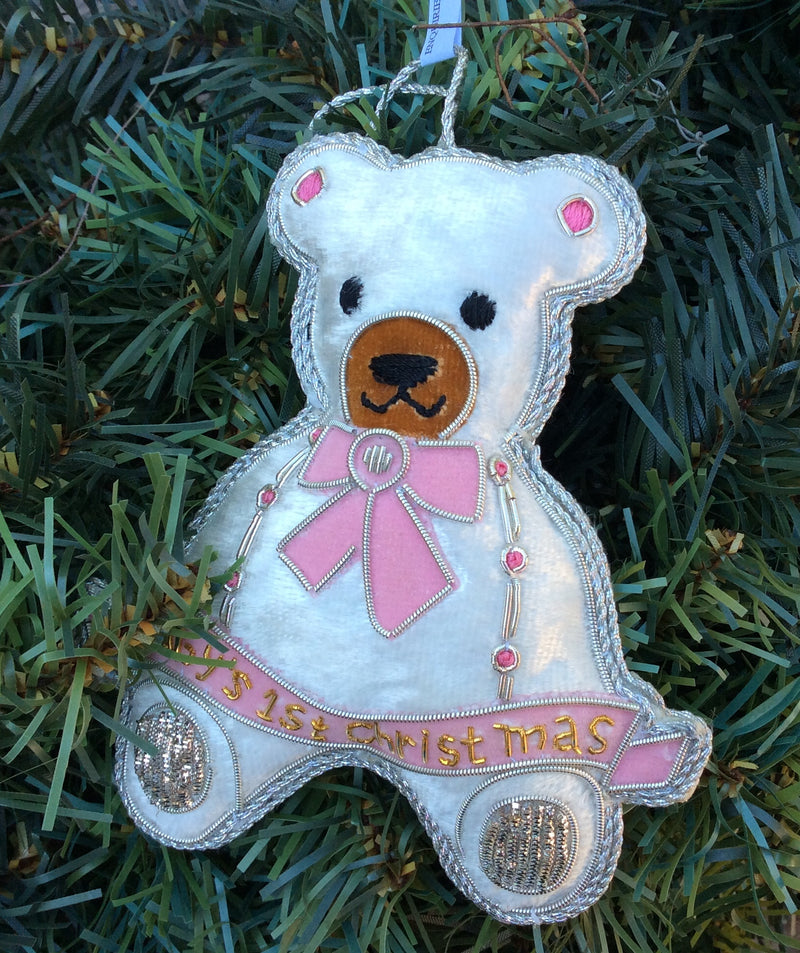 #27 Tinker Tailor Baby's 1st Christmas white Bear Pink Ornament.