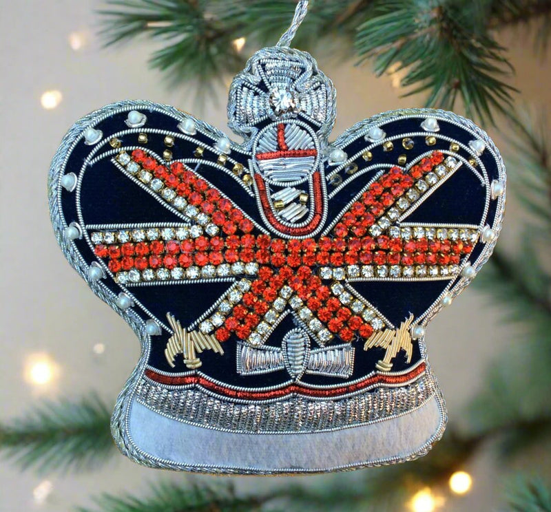 #9 Tinker Tailor Navy Crystal Union Jack Crown Christmas Ornament.