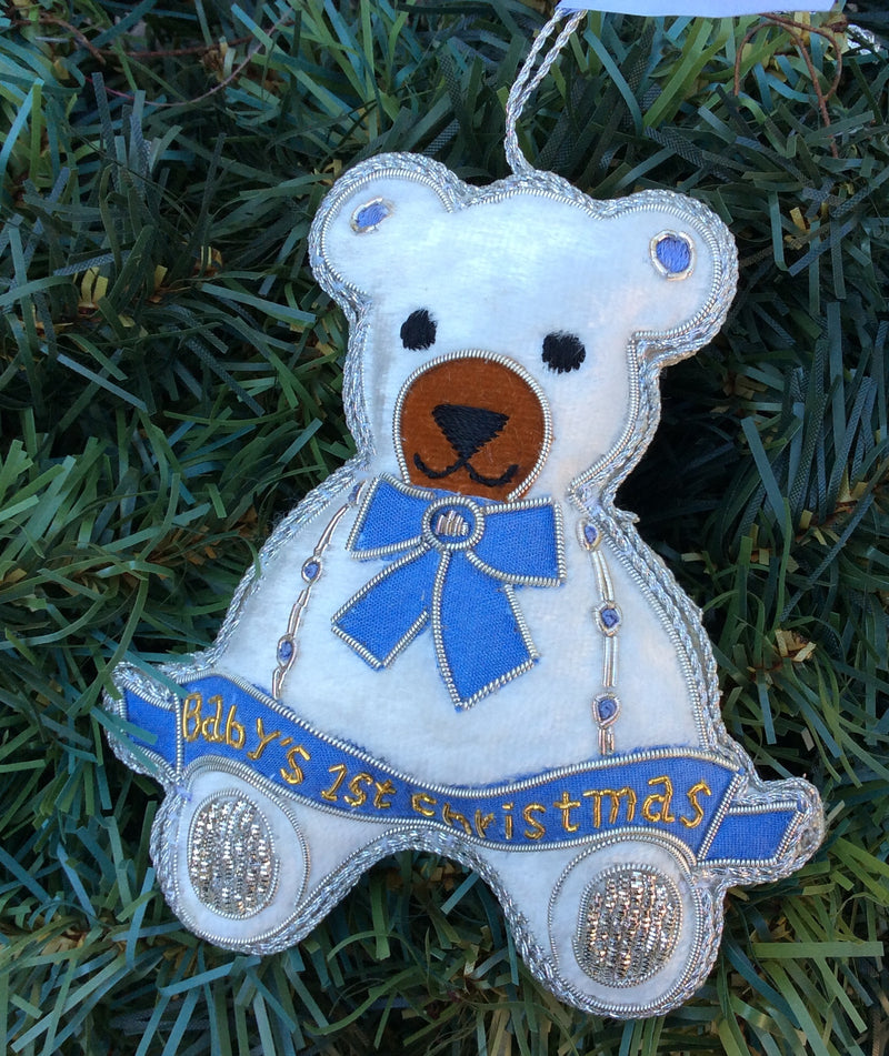 #28 Tinker Tailor Baby's 1st Christmas white Bear Blue Ornament.