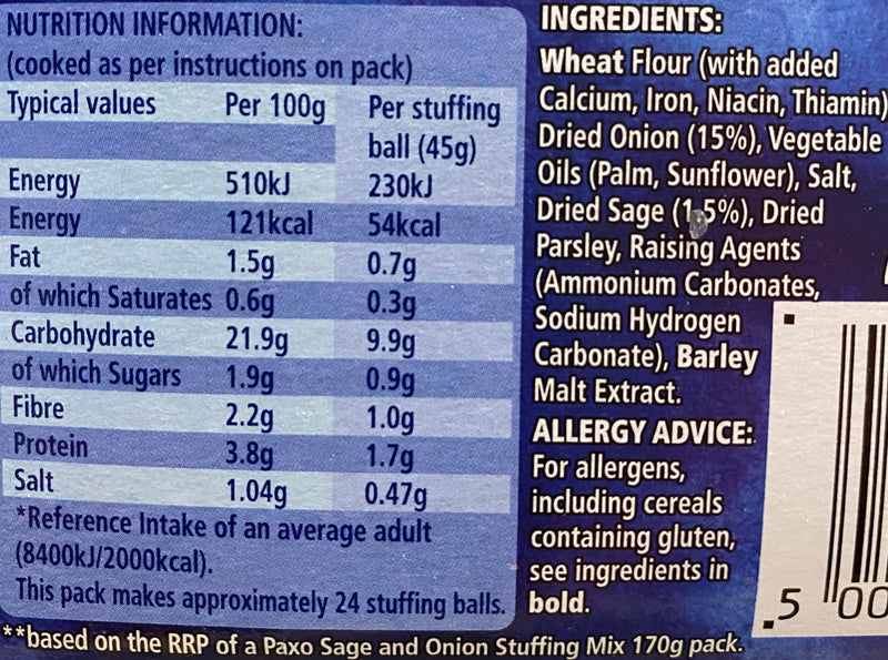 Paxo Sage n Onion Stuffing 340g